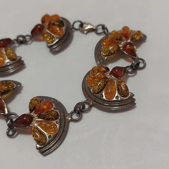 OOAK Vintage Rare Sterling Silver Multicolor Amber Citrus Orange Halves Bracelet - Picture 3 of 8